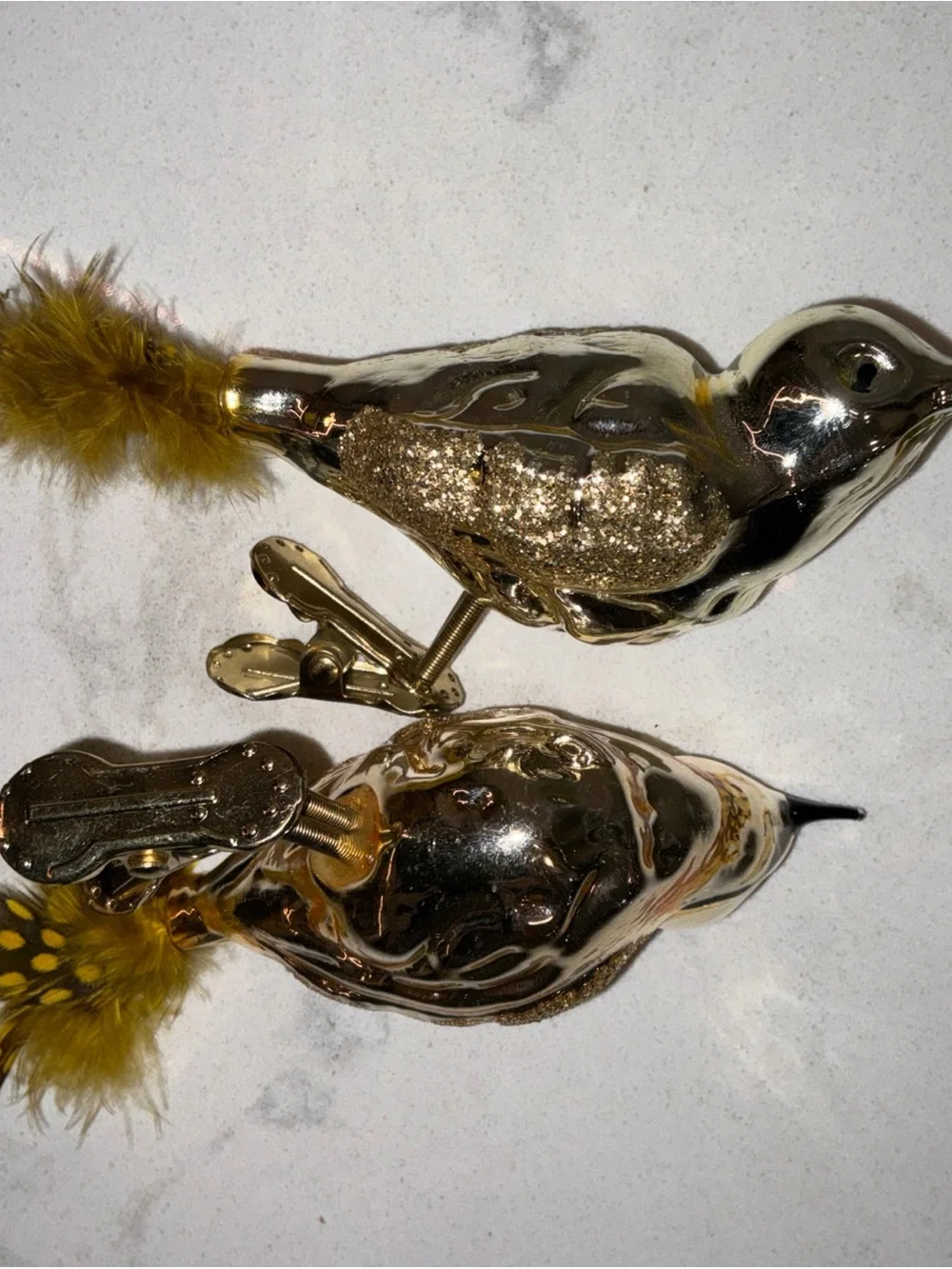 Gold color bird glass clip on Christmas ornament lot of 2 polka dot feathers